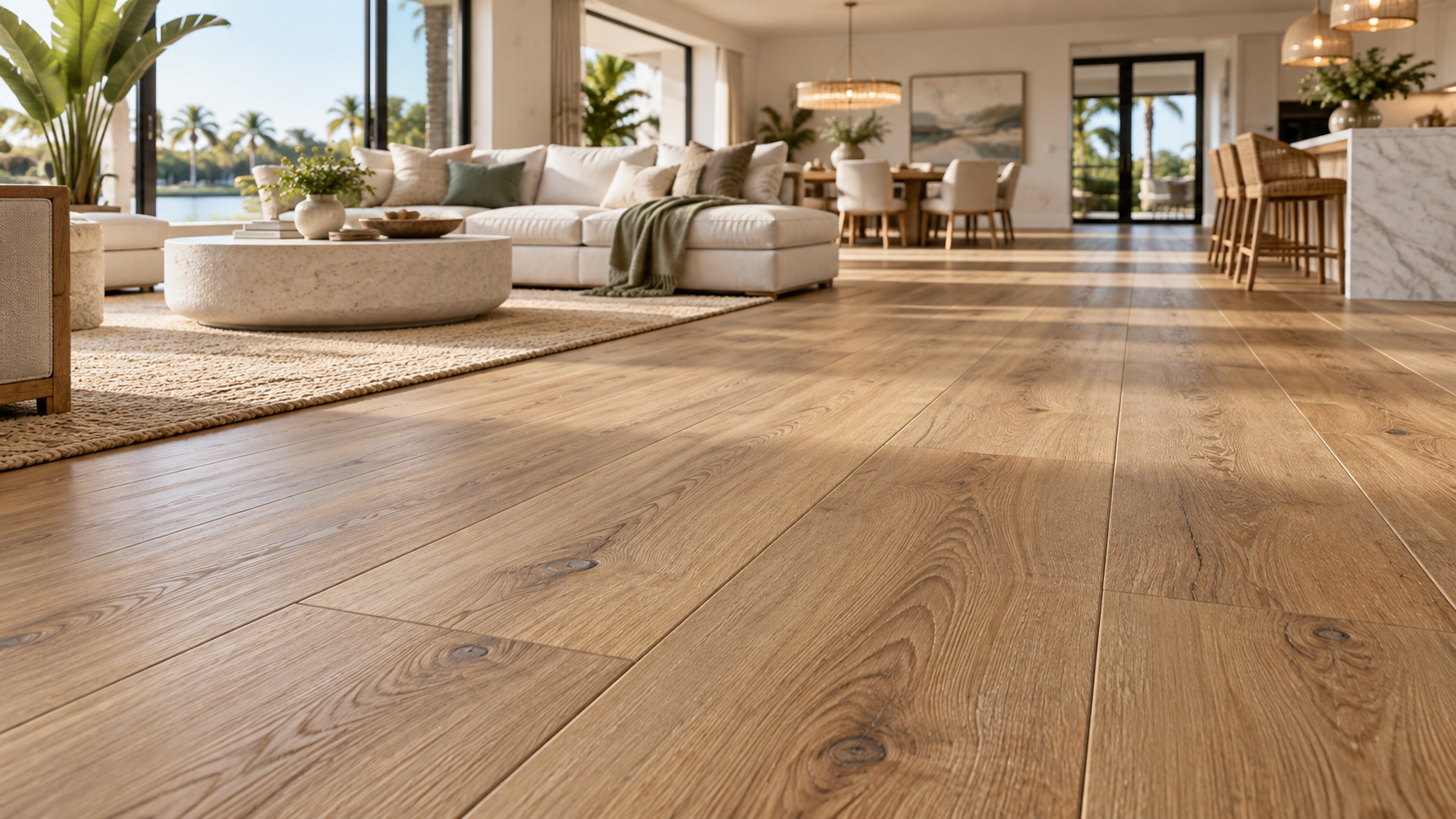 Warm realistic wood-look flooring in a bright Florida living room