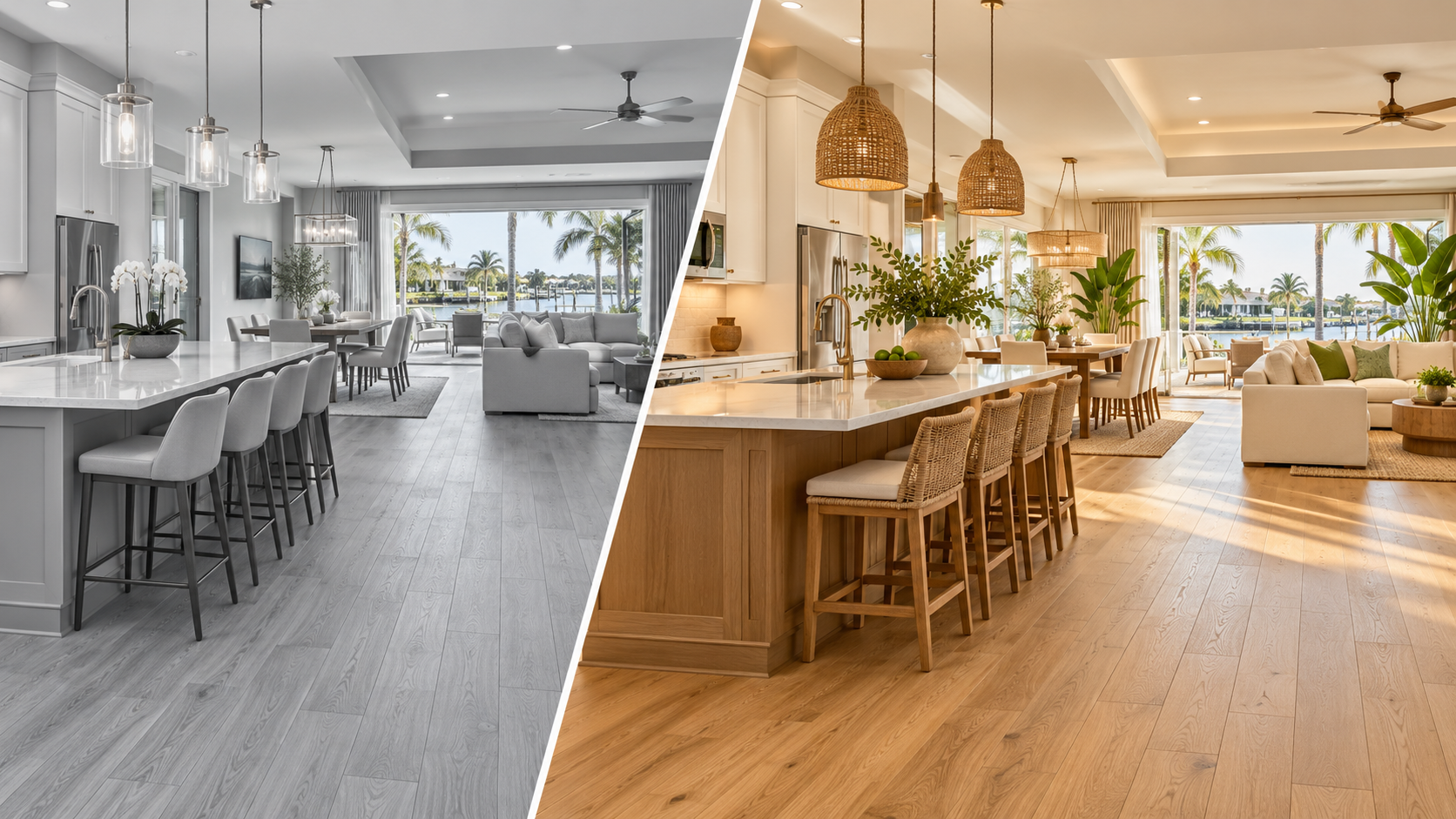 Gray flooring compared with warm natural wood flooring in a Florida-style interior