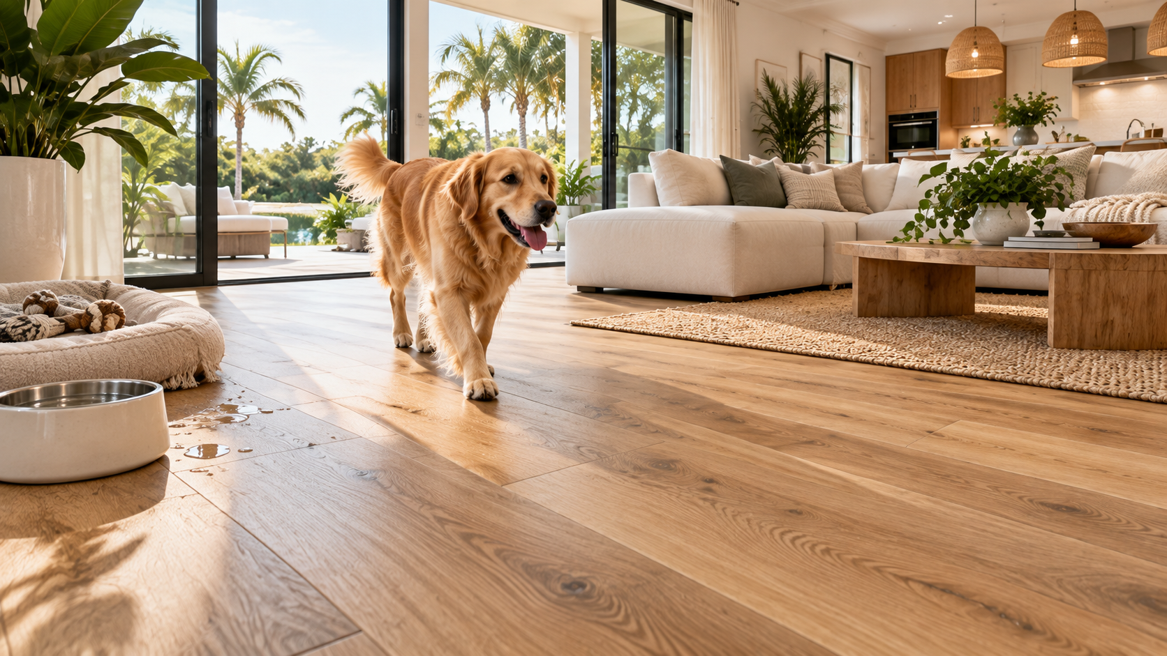 Golden retriever walking across warm wood-look flooring in a bright Florida living room