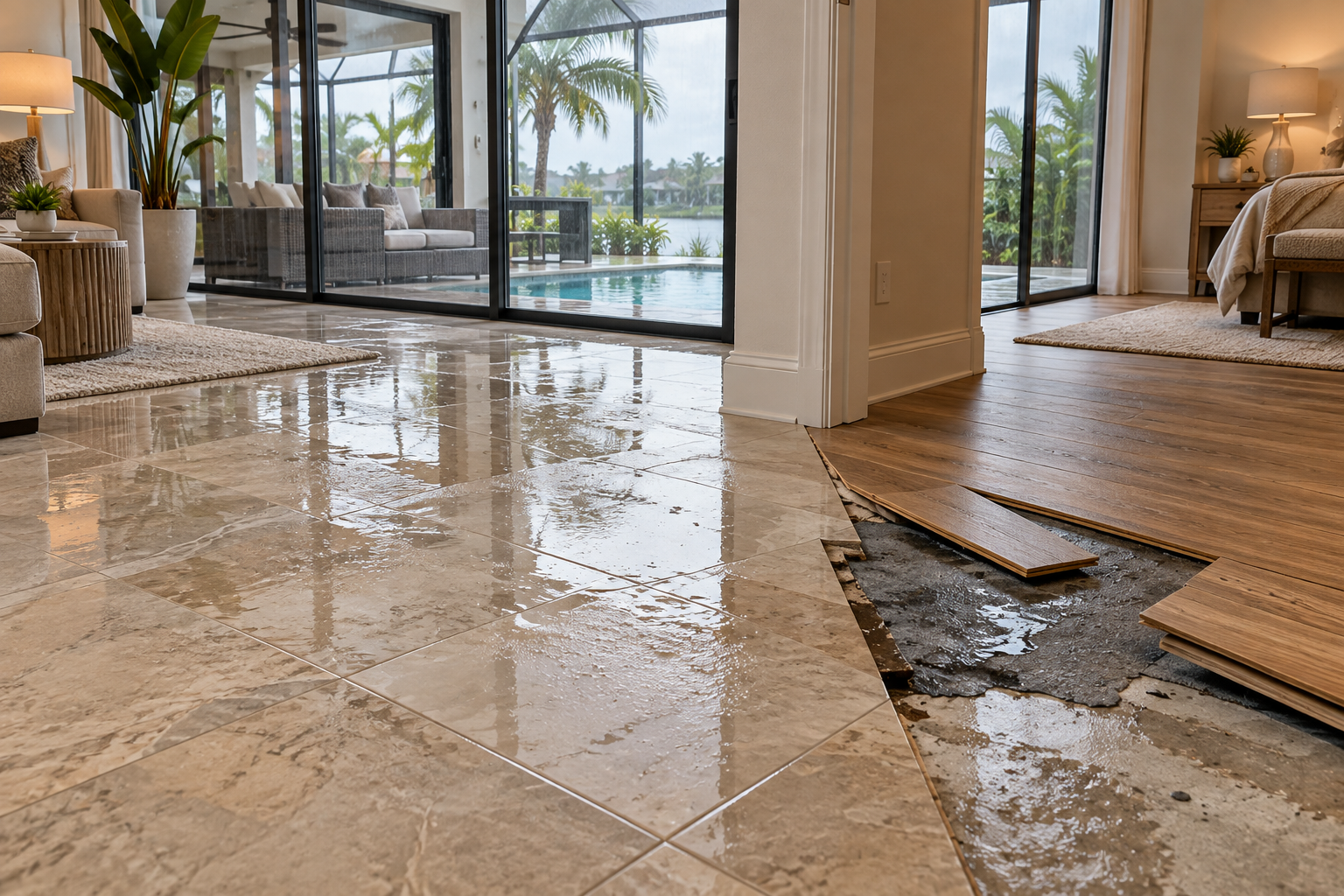 Florida home interior after water intrusion showing intact porcelain tile and lifted wood-look floating flooring over a damp concrete slab