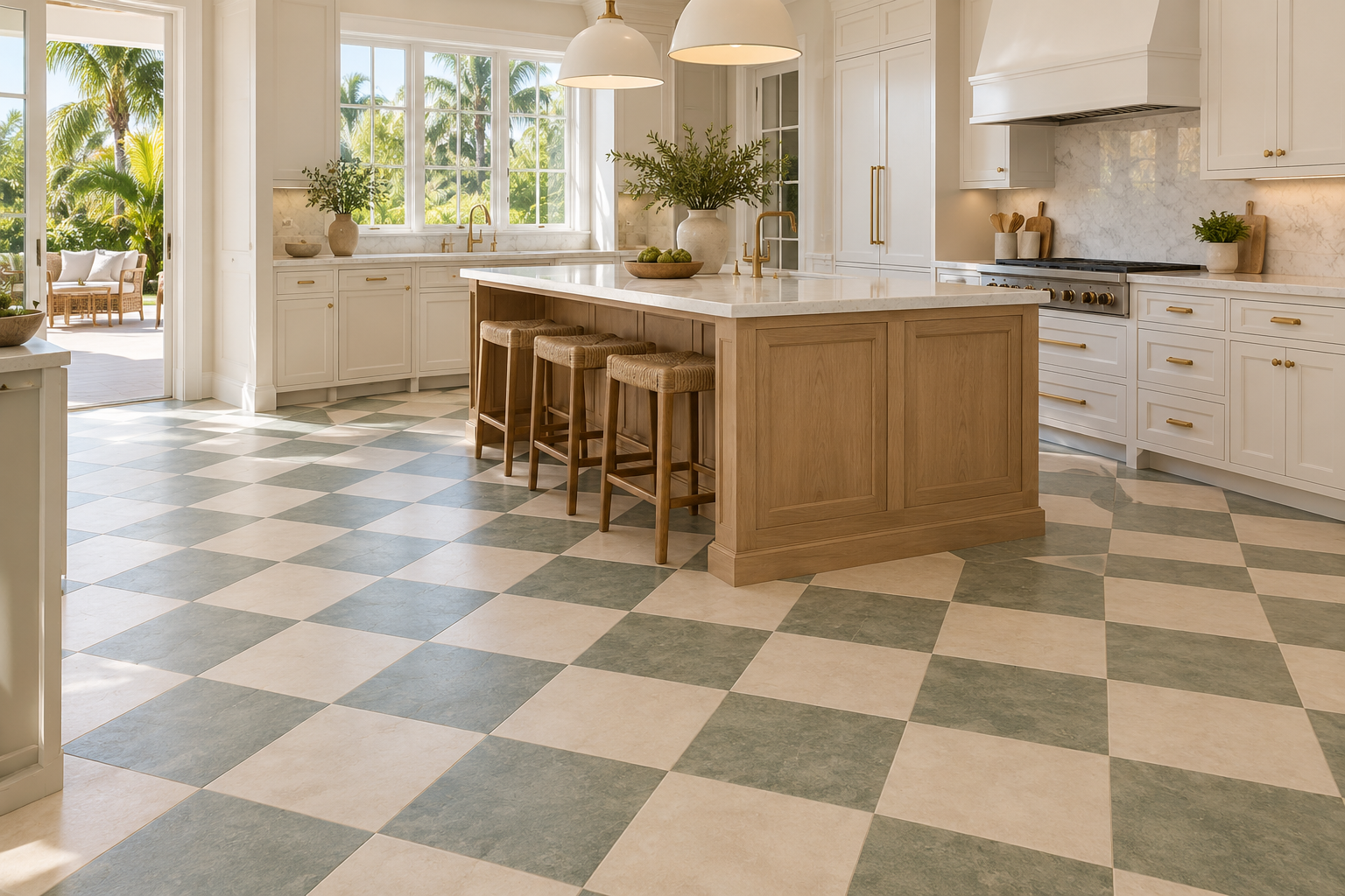 Sage green and warm ivory checkerboard porcelain floor in a sunlit contemporary Florida kitchen with a natural oak island