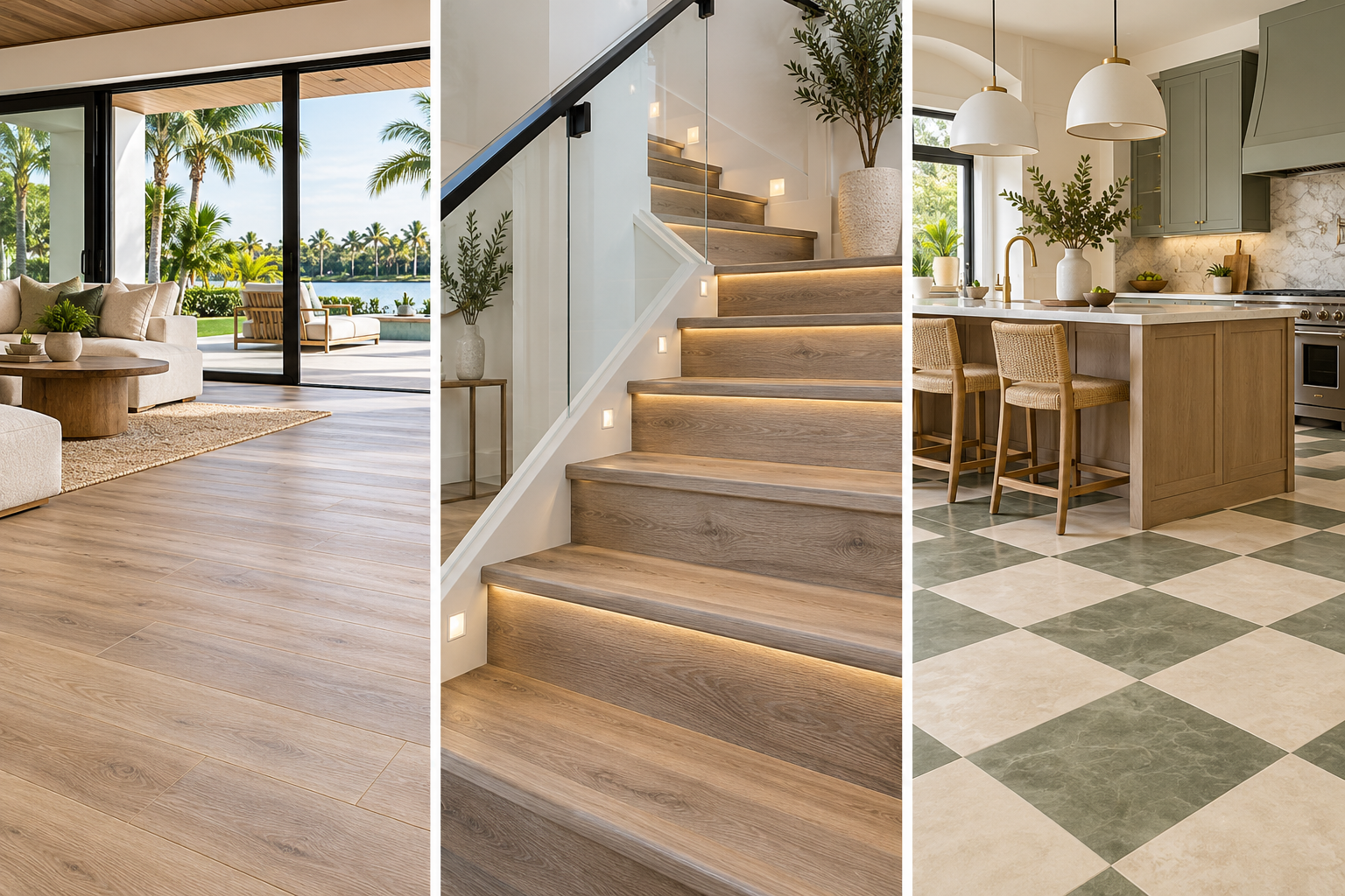 Contemporary Florida interiors showing oak-look flooring, matching stairs, and a kitchen island with decorative tile