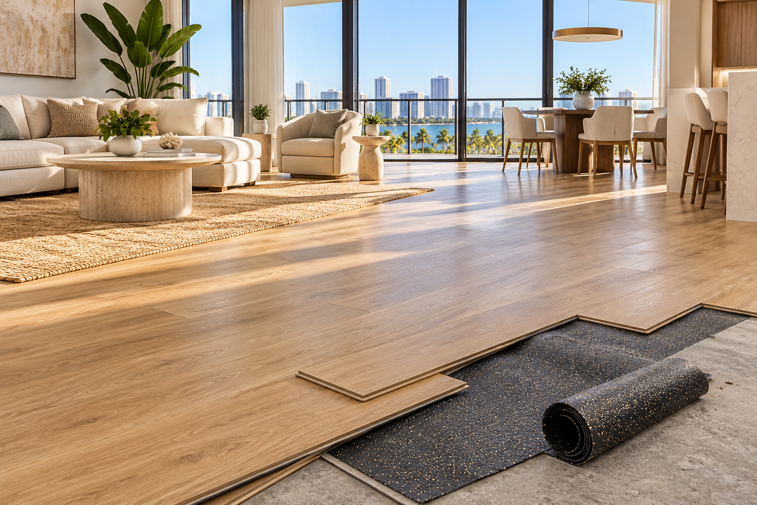 Florida high-rise condo with warm wood-look flooring installed over acoustic underlayment on a concrete slab