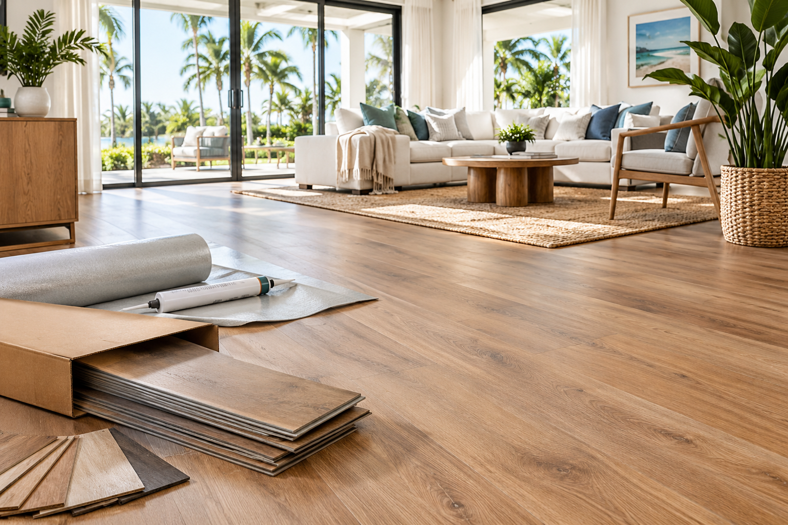 Bright Florida living room with warm wood-look flooring, flooring samples, underlayment and installation materials