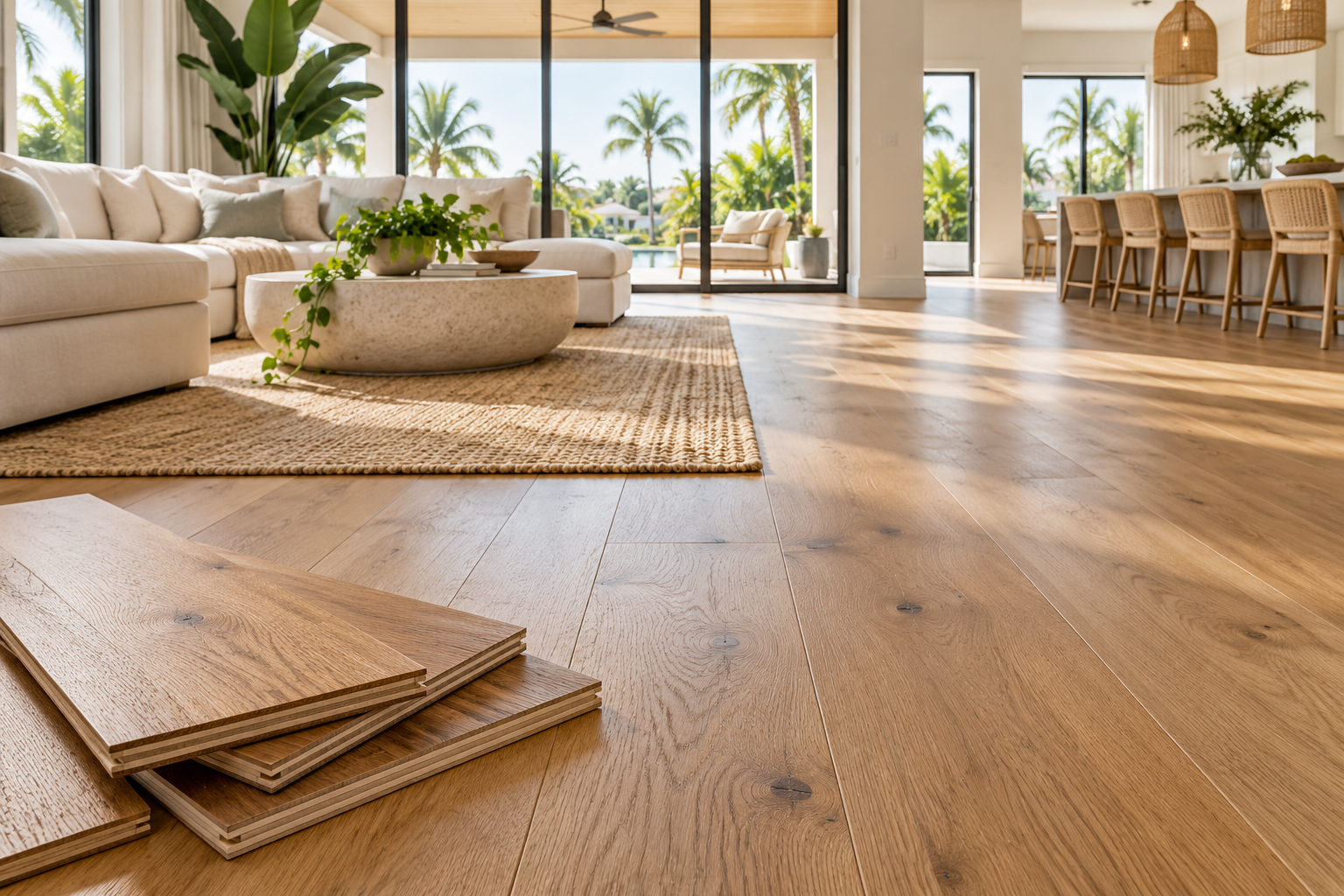 Wide-plank engineered white oak flooring in a bright Florida open-plan living room with tropical views