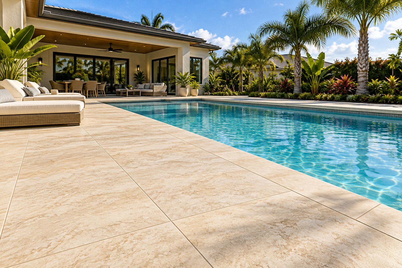 Light travertine-look 2cm outdoor porcelain pavers surrounding a residential swimming pool in a sunny Florida backyard