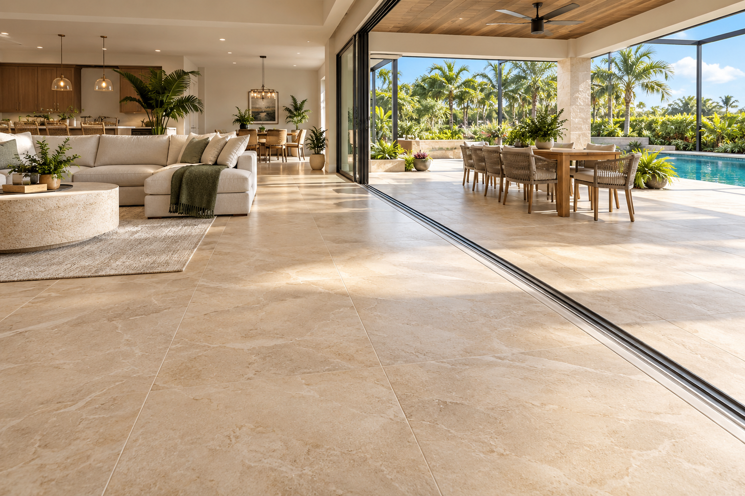 Florida open-plan living room with warm large-format porcelain tile continuing seamlessly into a covered lanai and pool area