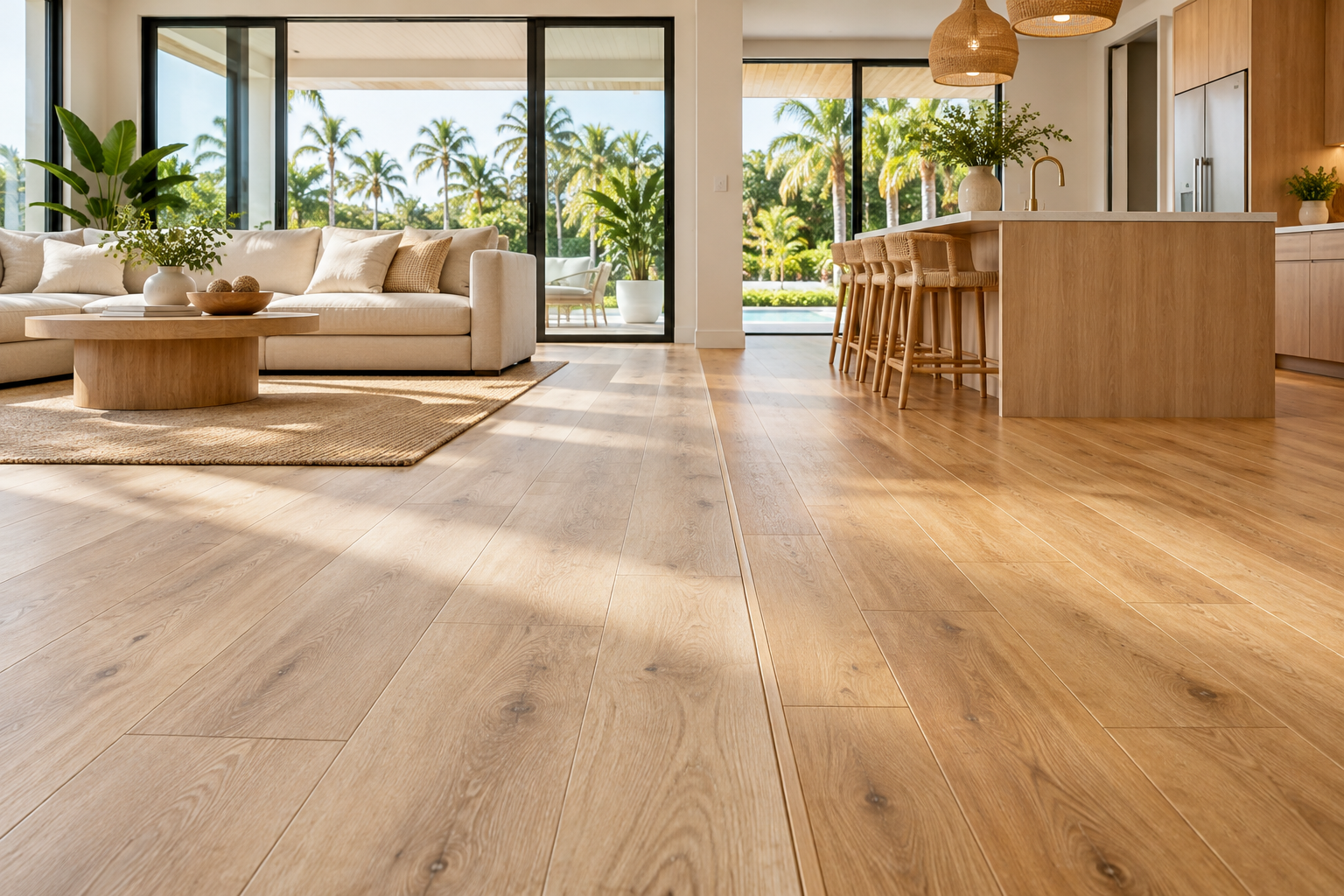 Contemporary Florida home featuring warm oak-look laminate and SPC flooring in adjoining living and kitchen areas