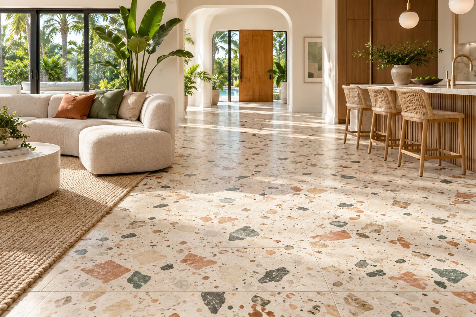 Warm contemporary terrazzo-look porcelain flooring in a bright Florida home with tropical greenery and modern interiors
