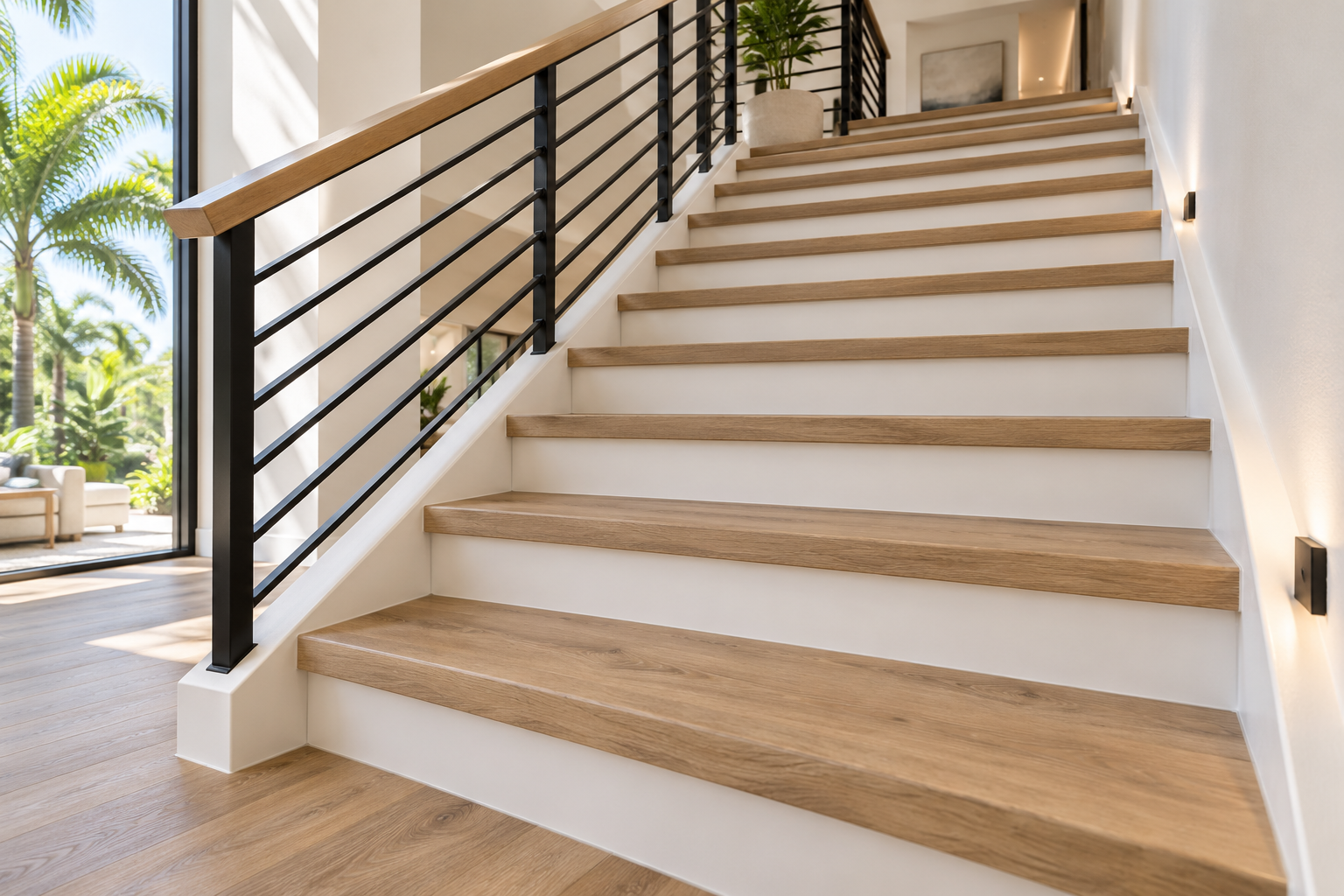 Natural oak-look luxury vinyl stair treads with integrated nosing and white risers in a bright modern Florida home