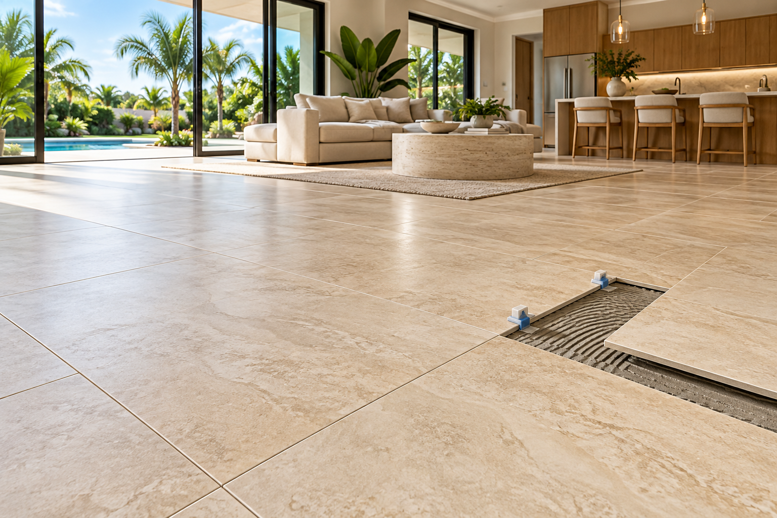 Large-format 24x48 beige porcelain tile flooring being installed in a sunlit Florida living room