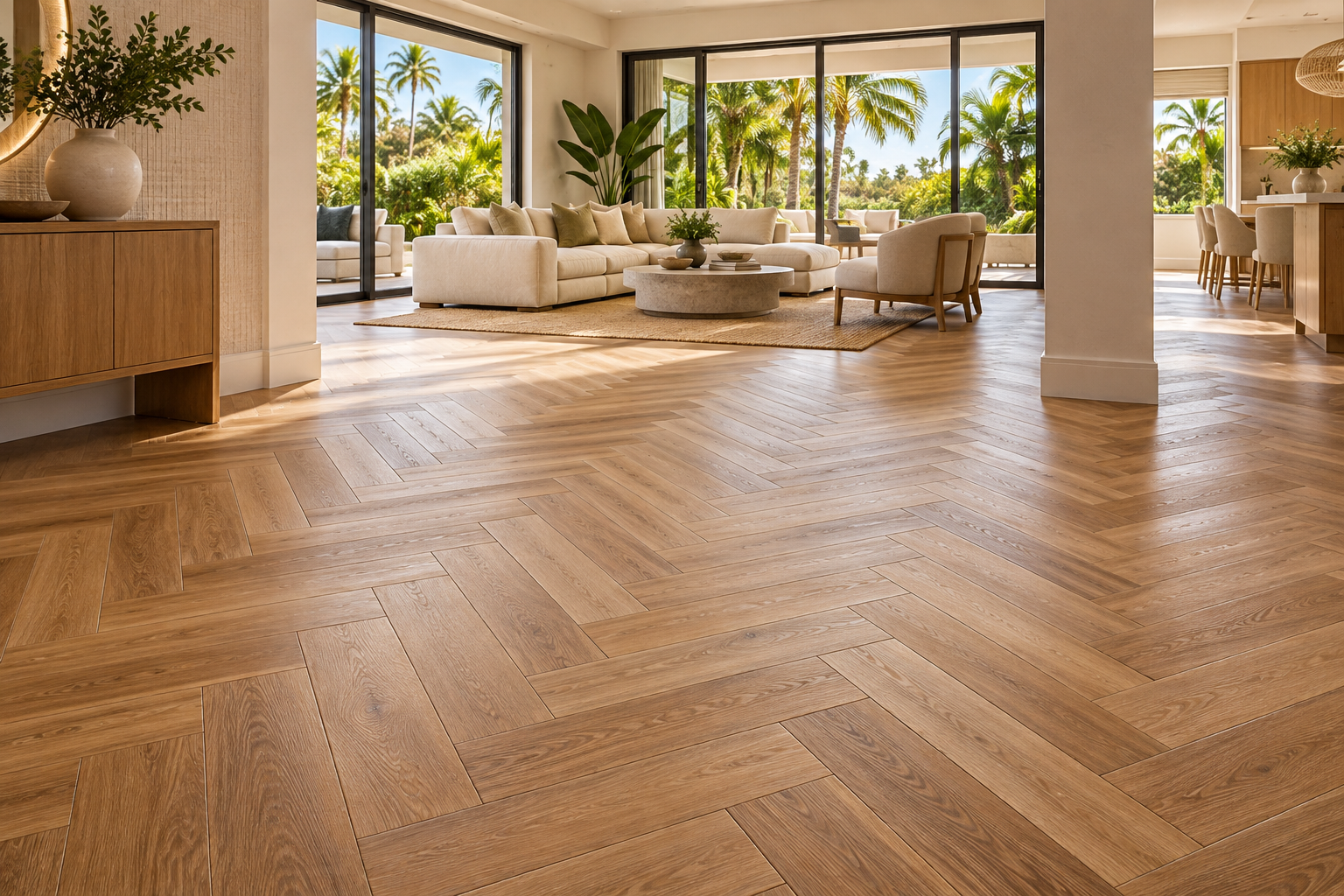 Warm natural oak herringbone SPC flooring in a bright contemporary Florida home with tropical garden views