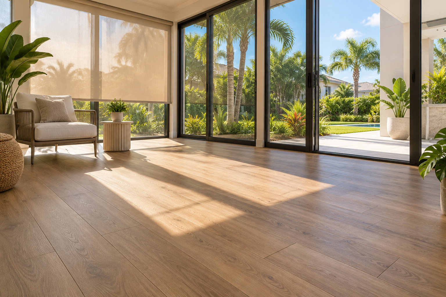 Warm oak-look SPC flooring in an enclosed Florida sunroom with direct afternoon sunlight and a partially lowered solar shade