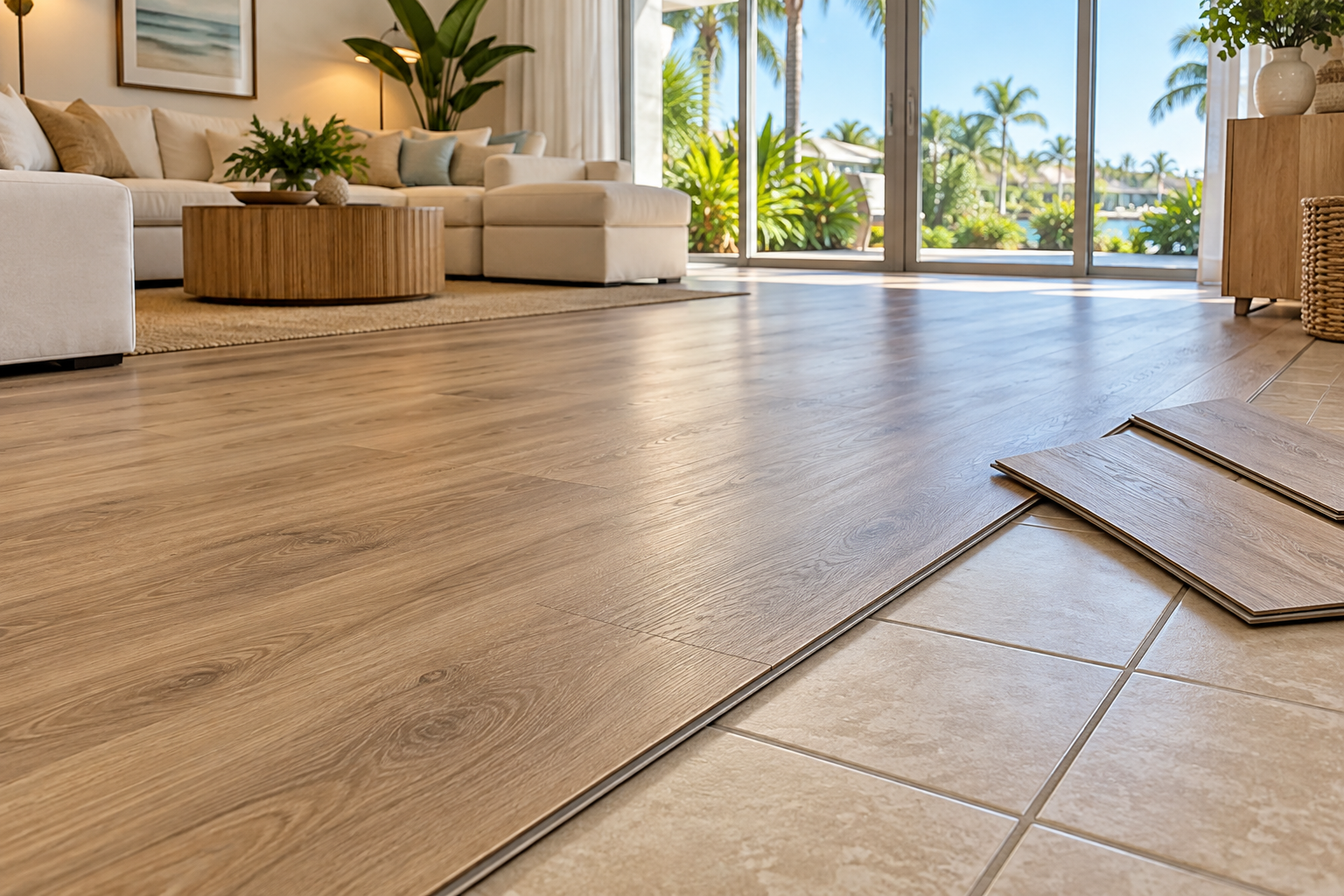 Warm oak-look SPC flooring installed over existing ceramic tile in a bright Florida living room