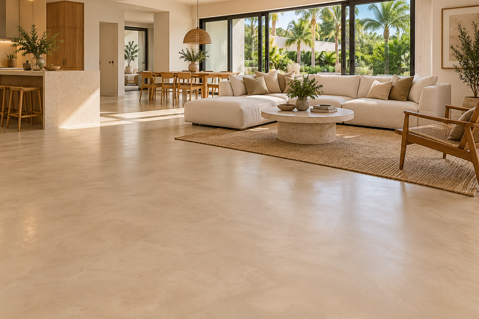 Warm beige microcement flooring in a sunlit modern Florida living room with natural wood furnishings and tropical garden views
