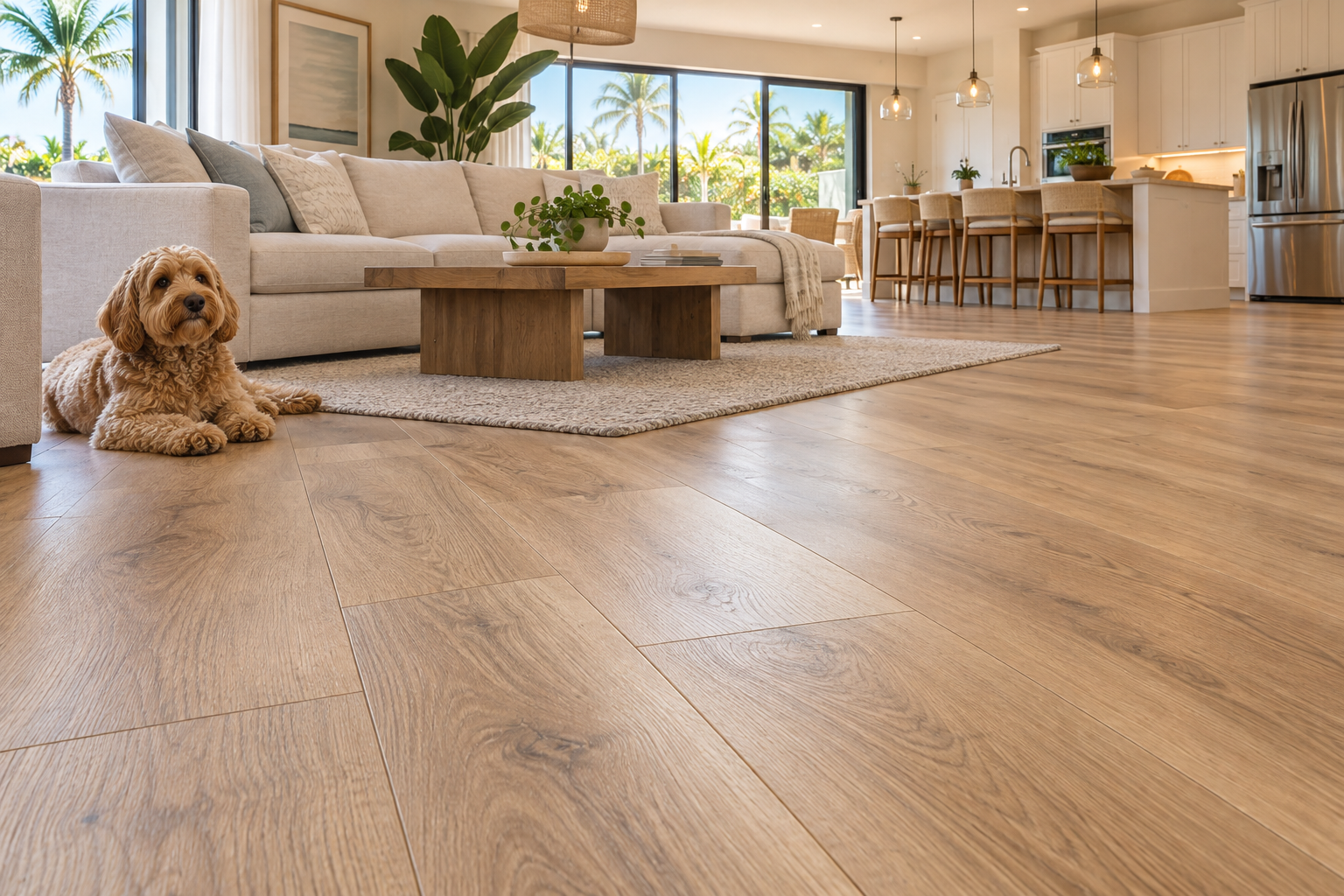 Warm oak-look luxury vinyl plank flooring in a bright Florida home with an open kitchen and a dog resting beside the sofa